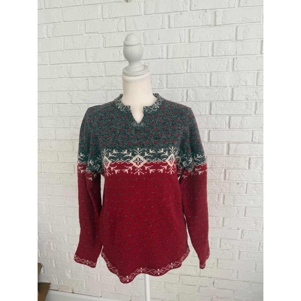 Woolrich Fair Isle Sweater Women M Red Excellent Lambswool Blend 9656 Clasp Neck